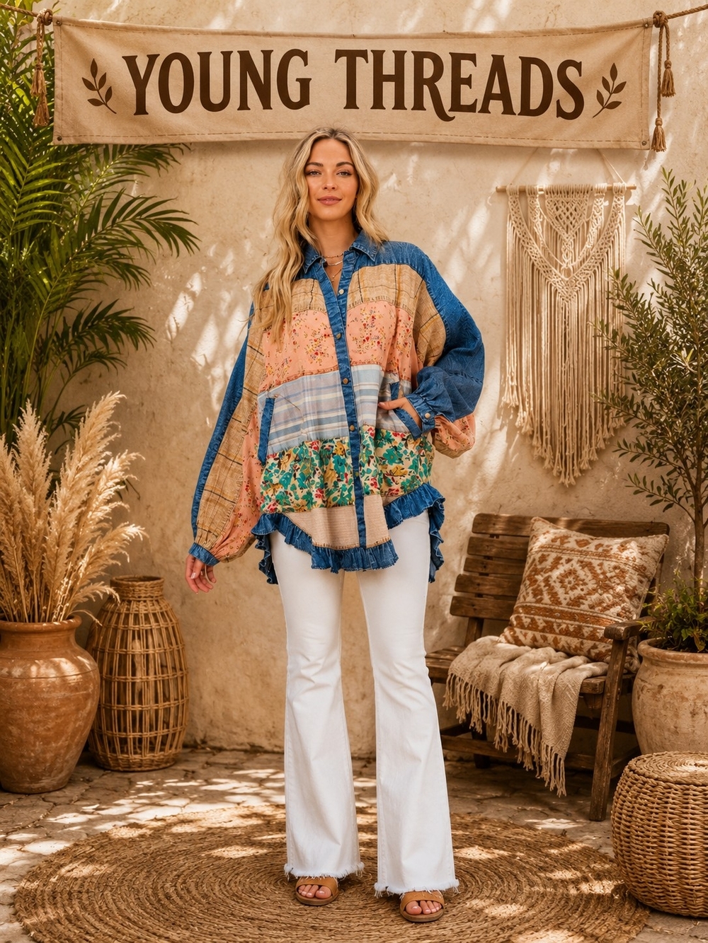 404 Young Threads Multi-Panel Patchwork Blouse in Blue and Cream